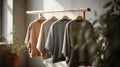 ÃÂ¡otton tops sweatshirts in natural tones on wooden shelf in bright room. Generative AI